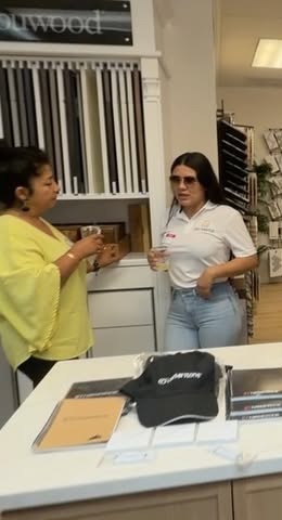 Two team members greeting a visitor inside the Magnolia Austin design center on grand opening day, surrounded by cabinet and countertop sample displays